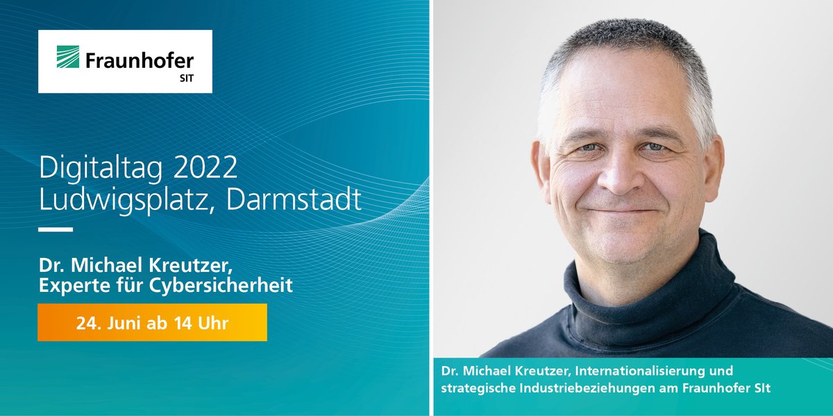 FraunhoferSIT's tweet photo. Am Freitag ist #Digitaltag22 der @DA_Digitalstadt ! Unser Experte Michael Kreutzer hält dort auf dem Darmstädter Ludwigsplatz zwei Vorträge: 
14-14.10 Uhr: Wie ist die aktuelle Bedrohungslage für d Cybersicherheit?  
14.25-14.35 Uhr: Wie funktioniert ein Verschlüsselungstrojaner? https://t.co/VFDvYPQCAx