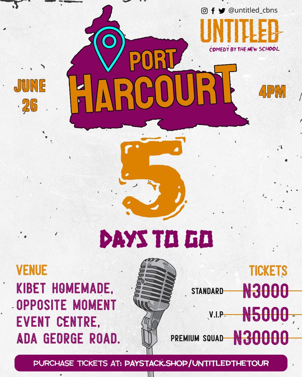 Untitled_cbns's tweet photo. 5 DAYS TO GO GUYSSS!!!!

Have you gotten your tickets?
⁣⁣⁣Don't wait till it's too late, Limited seats available o

Venue:Kibet Homemade, Opposite moment event center , Ada George road .
Date:June 26th 2022
Time: 4PM
⁣⁣⁣
#Untitled2022
#ComedyByTheNewSchool ⁣⁣⁣ https://t.co/imDWj96Lgd
