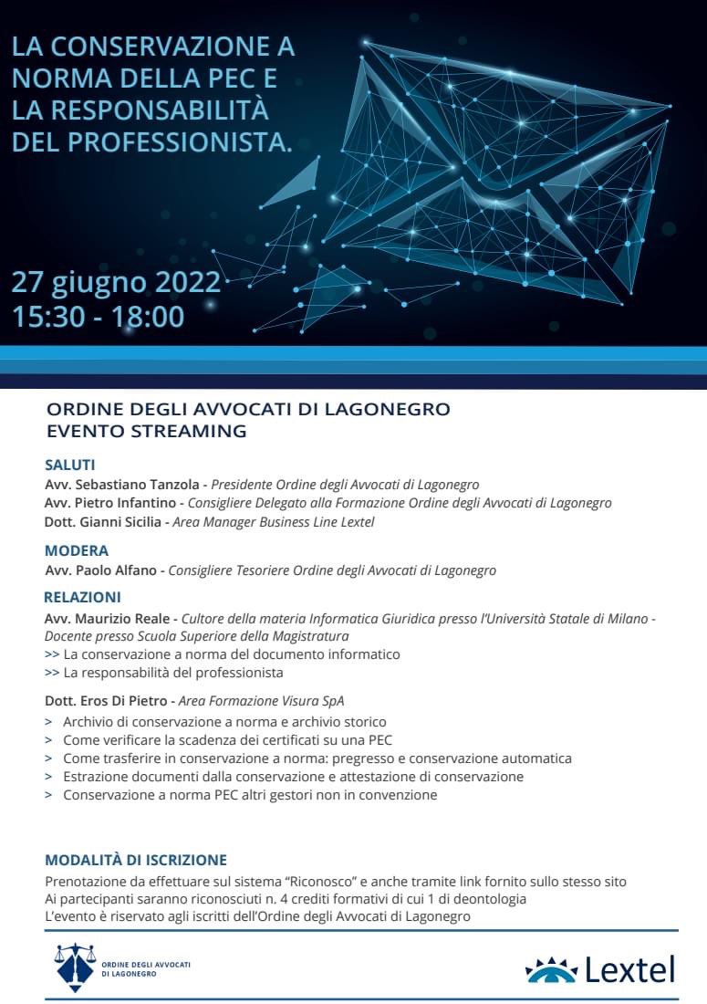 Se sei iscritto all'Ordine degli #Avvocati di Lagonegro, segui il #webinar sulla conservazione a norma #PEC e responsabilità del professionista.
relatori: Avv. <a href="/avvmreale/">Maurizio Reale</a> e Dott. #ErosDiPietro
📆 27 giugno
🕒 15:30 - 18:00
👉 bit.ly/3OrfidP