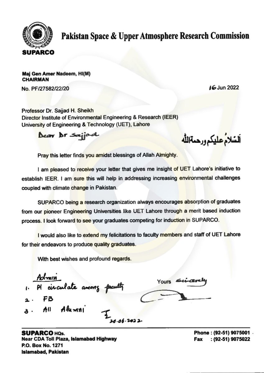 jasarat_uet's tweet photo. || *A LETTER FROM SUPARCO HEAD TO CHAIRMAN IEER*||
Head of SUPARCO wrote letter to the Chairman of IEER and make assured that, UET is a pioneer University and have history of 100 years.
#JASARAT_UET #suparco #IEER
𝐉𝐚𝐬𝐚𝐫𝐚𝐭 - 𝐓𝐡𝐞 𝐕𝐨𝐢𝐜𝐞 𝐨𝐟 𝐔𝐄𝐓 https://t.co/MsL05AfV2c