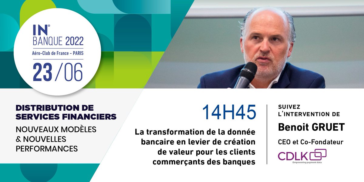 📆 RDV ce jeudi 23 juin sur la conférence <a href="/InBanque/">IN BANQUE</a> !

<a href="/BenoitGruet/">BenoitGruet</a>, CEO de CDLK, interviendra sur la thématique des nouveaux services à destination des clients #commerçants de la #Banque 🚀

Pour en savoir plus 👉 bit.ly/IN-BANQUE-CDLK
#INBANQUE2022