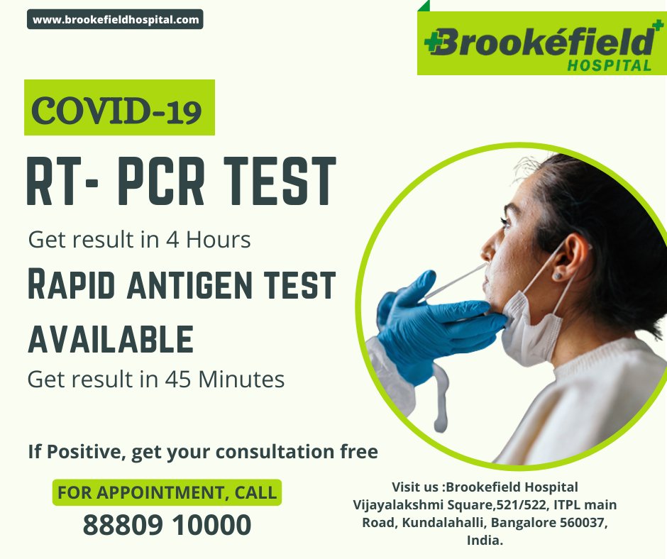 brookefield_h's tweet photo. COVID-19 RTPCR test is available at Brookefield Hospital.
Get result in 4 hours.
Rapid antigen test is also available, Get result in 45 minutes.
#rapidantigentest #whitefieldhospital #hospitalnearme
#RTPCR #RTPCRtest #rtpcrtesting #hospitalnearme
#getresults #getresultfast https://t.co/CcTMMqepjV