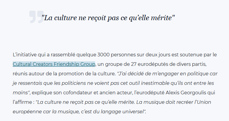 Co-fondateur du <a href="/CultCreatorsEU/">Cultural Creators Friendship Group 🇪🇺</a> et ancien acteur, l’eurodéputé <a href="/AlexisMep/">GeorgoulisAlexisMEP</a> affirme : "La culture ne reçoit pas ce qu’elle mérite. La musique doit recréer l’Union européenne car la musique, c’est du langage universel".

rtbf.be/article/la-mus… by <a href="/CatTonero/">Catherine Tonero</a>