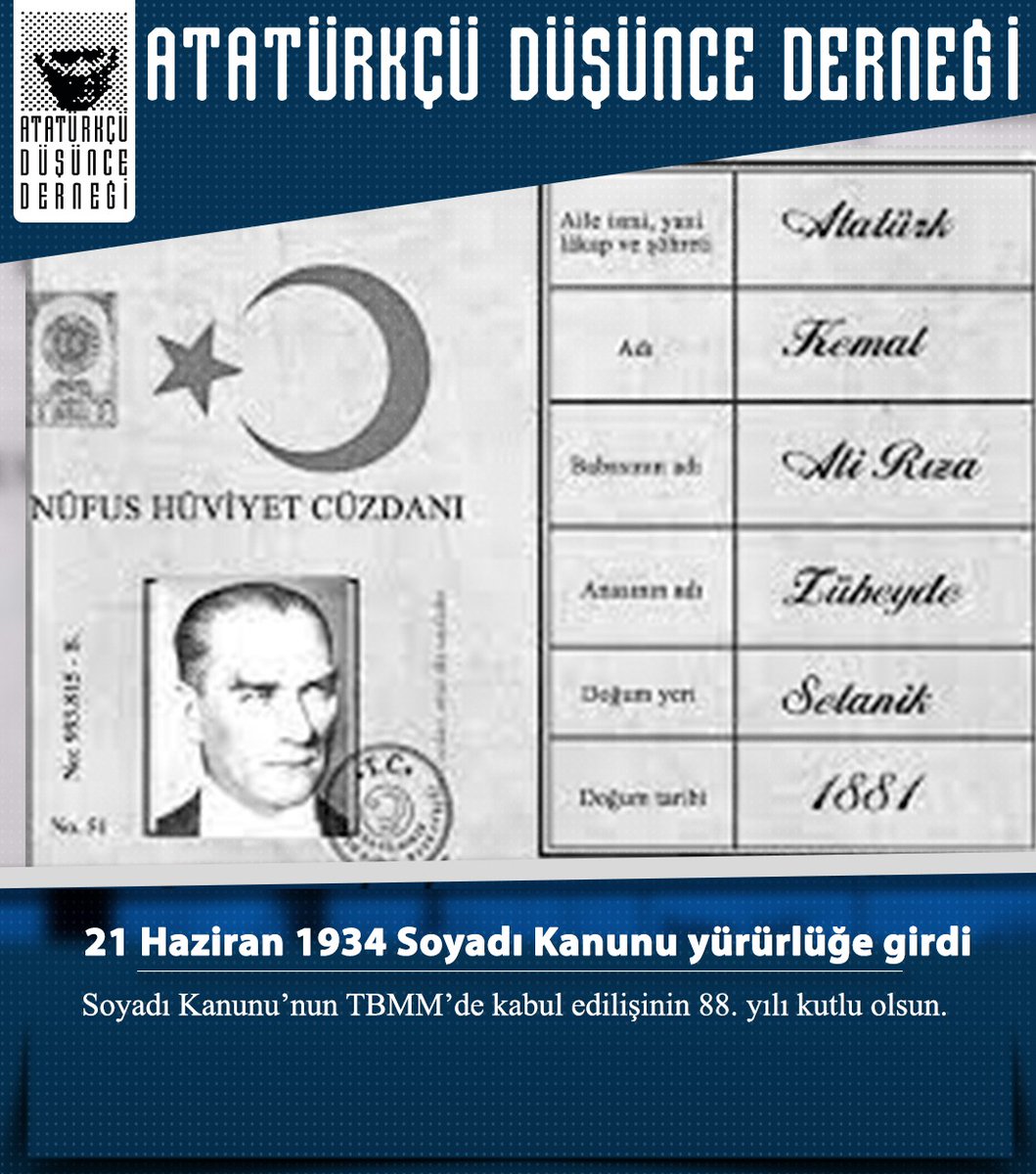 add_genelmerkez's tweet photo. Soyadı Kanunu'nun TBMM'de kabul edilişinin 88.yılı kutlu olsun.
#SoyadıKanunu https://t.co/wGQ41XxHrG