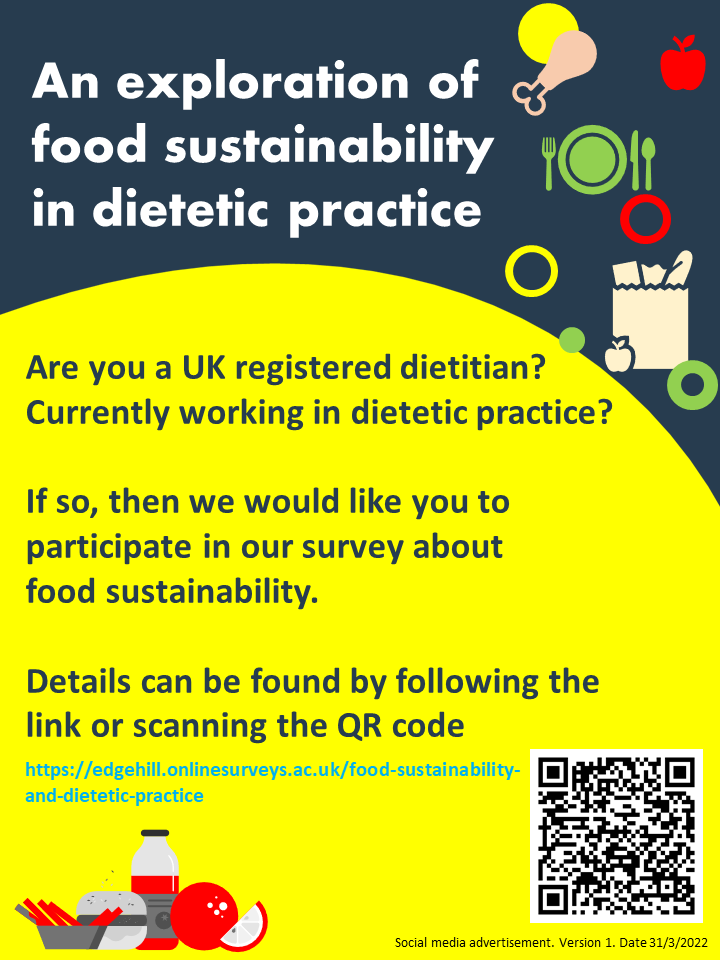 Dietitians work in many diverse settings across the food chain, in education and healthcare. With my research hat on, I am interested to know what food sustainability means to dietitians across the spectrum edgehill.onlinesurveys.ac.uk/food-sustainab… #WhatDietitiansDo #dietitiansweek2022 #Dietitians