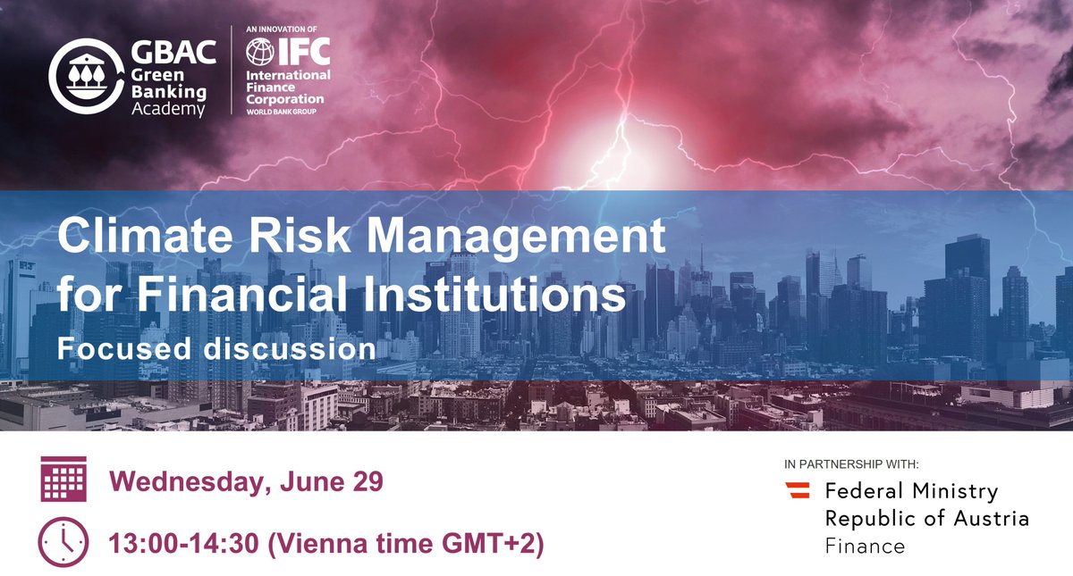 ⏳ It’s tomorrow! 

Join us for an online discussion to learn more about policies and systems to establish proper #ClimateRiskManagement, critically important for financial institutions in #Europe and #CentralAsia. 

Register 👉 wrld.bg/bzpF50JCcZI #IFCclimate