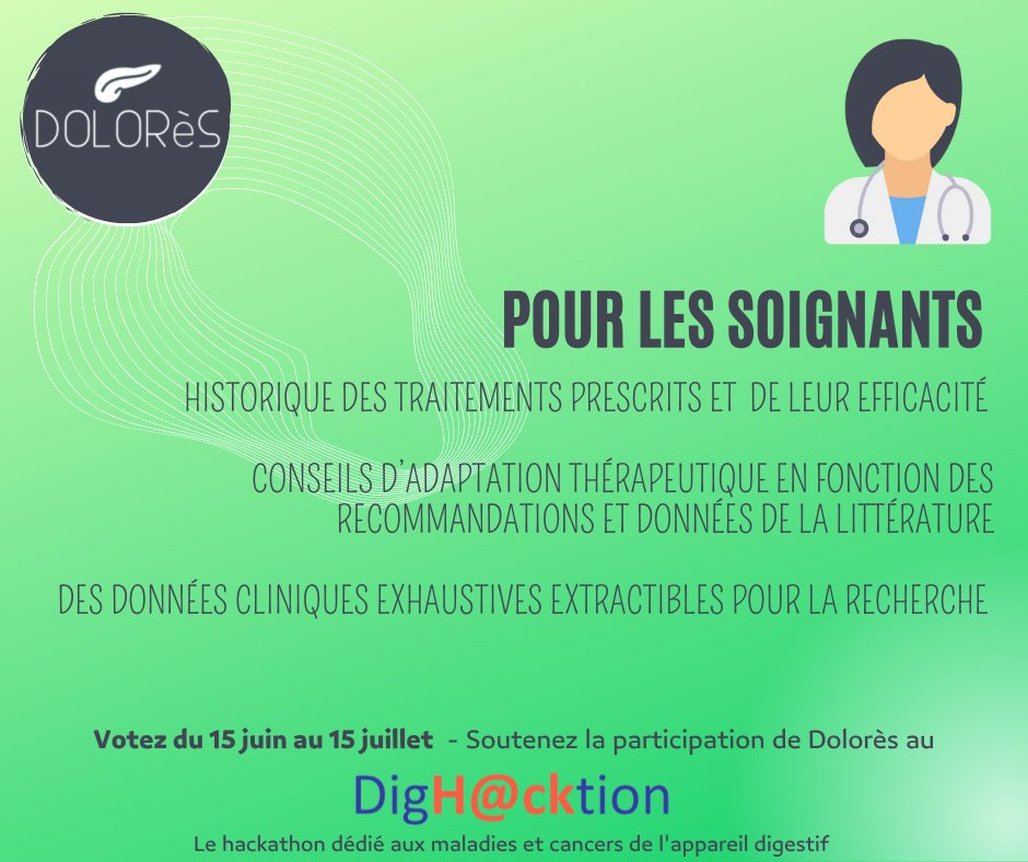 [Dolores x @DigHacktion] Aujourd’hui débute la campagne du vote des internautes. Dolorès est une plateforme parient-soignant qui digitalise la PEC de la douleur dans le cancer du pancréas. Soutenez nous en votant ici : dighacktion.com/votes @LaForge_AI