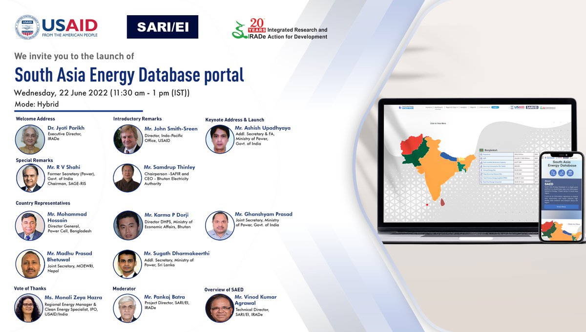SARI_EI_2022's tweet photo. Developed by SARI/EI, South Asia Energy Database is a cloud-based platform that makes available data on energy sector of 8 #SouthAsian countries, with information on policy, legal & institutions. Register @ https://t.co/PaTLhtLvPa
@usaid_india @IRADe_Delhi #AsiaEdge #IndoPacific https://t.co/P4dj5dH61q