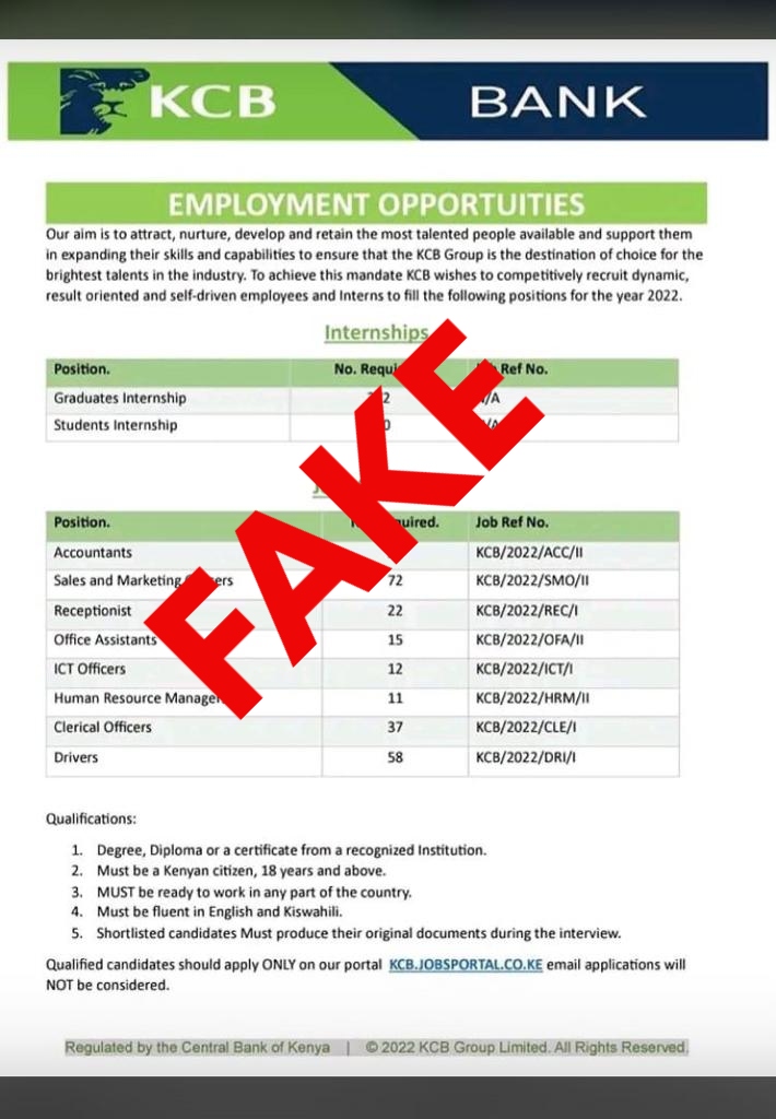 KCBInKenya's tweet photo. We have noted with concern an announcement of career opportunities at KCB Group. We would like to urge the public to disregard the communication. All KCB Group opportunities are detailed here https://t.co/iWVMLLUOd3. Kindly remain vigilant. https://t.co/mZqucYkA8s
