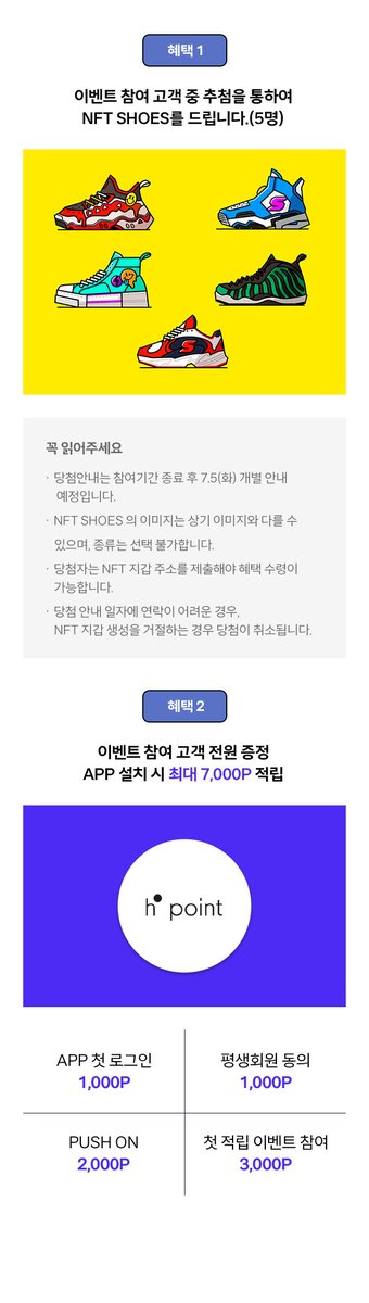 SuperWalk_'s tweet photo. 현대백화점 X SuperWalk

[🎊NFT AIR DROP EVENT🎊]

H.POINT 가입하시는 분께 추첨을 통해 NFT Air Drop(5명)을 드립니다!👟

⏳신청 마감: 6/30 (목)

👇 신청 링크
https://t.co/DMUnLnIUCs

📲 당첨 안내: 7/5 (화)
(지갑 주소 취합 등 개별 안내) https://t.co/ylEiJizO4s