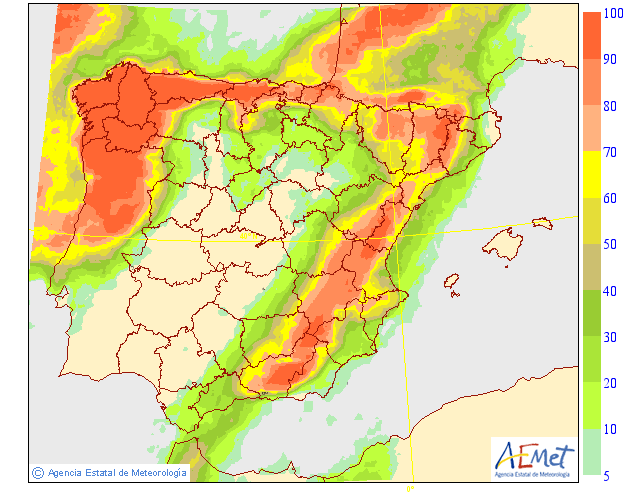 AEMET_Esp's tweet photo. Probabilidad de #precipitación SUPERIOR A 2 MM esperada hoy en #Península y #Baleares, a partir del EPS del Centro Europeo. Más info en https://t.co/9PLsmvqyfS https://t.co/CASj20n6Rw