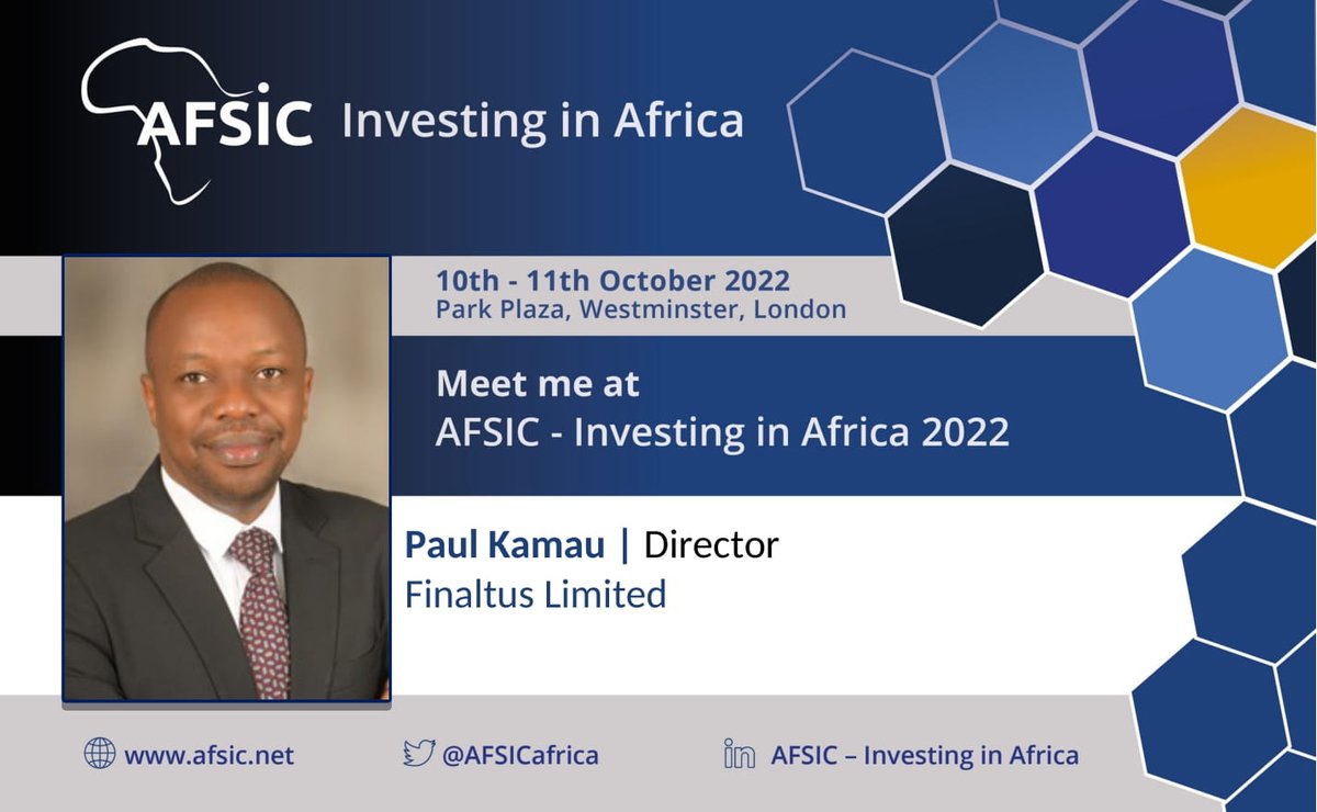 finaltus's tweet photo. We are delighted to announce that our Executive Director, Paul Kamau will be a speaker at the annual @AFSICafrica  Investing in Africa event that will be held on 10th-11th October 2022 in London.

#investinAfrica #finaltus #investment #AFSIC https://t.co/PFQokZVHZP