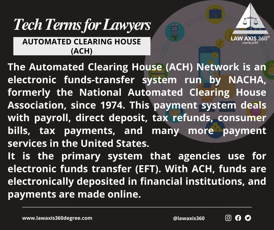 LawAxis360's tweet photo. This week on Tech Terms for Lawyers, we will be looking at the phrase Automated Clearing House (ACH).

See Flyer for meaning

#lawyerstyle #technology #appsecurity #cybersecurity #cybersecurityawareness #technicalanalysis #techtrends  #lawyering #legaltech20 #techtwitter https://t.co/la77URU6CH