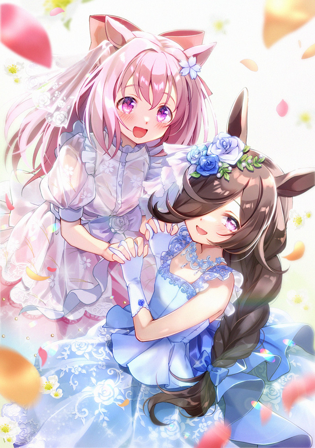 haru urara (umamusume) ,rice shower (umamusume) multiple girls 2girls animal ears horse ears pink hair dress holding hands  illustration images