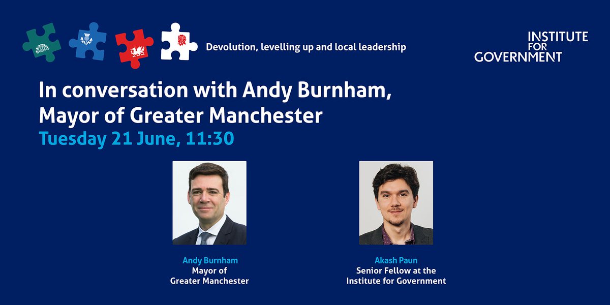 ifgevents's tweet photo. π¨ Starting in 1 hour! Join us at 11.30am when @AndyBurnhamGM, Mayor of Greater Manchester, will be in conversation with @AkashPaun, for an @instituteforgov event on devolution, levelling up and local leadership.
Watch live here: https://t.co/YgffF4RGom
#IfGDevo https://t.co/9oszsO7eWA