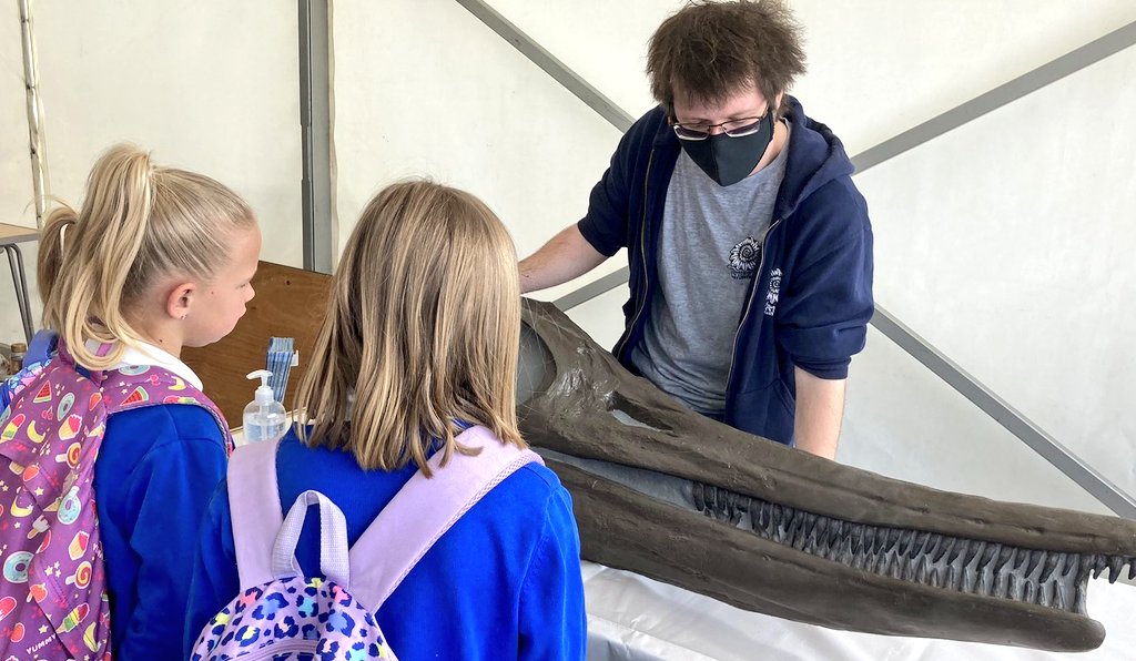 CharmouthHCC's tweet photo. We've had a busy day with schools today! First @Wheatfield_sch Y6 became #Dinodetectives via Zoom, then Willand Primary studying the fossils and Quethiock Primary did observational drawings of the fossils. #SchoolTrip #fossiling https://t.co/cl5bCg7tOn