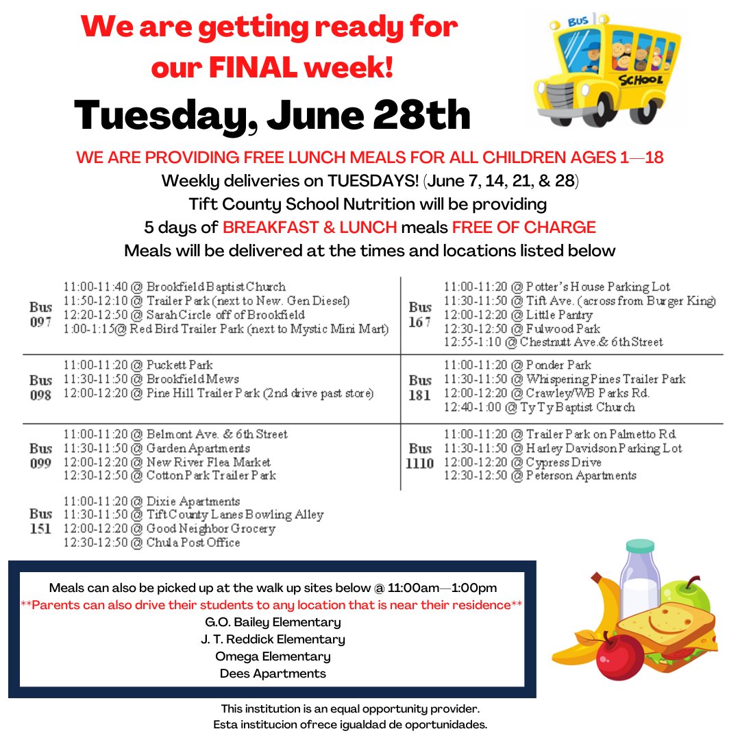 Don't forget that this is the last week for our summer feeding program. We can't wait to see everyone tomorrow! #4theT