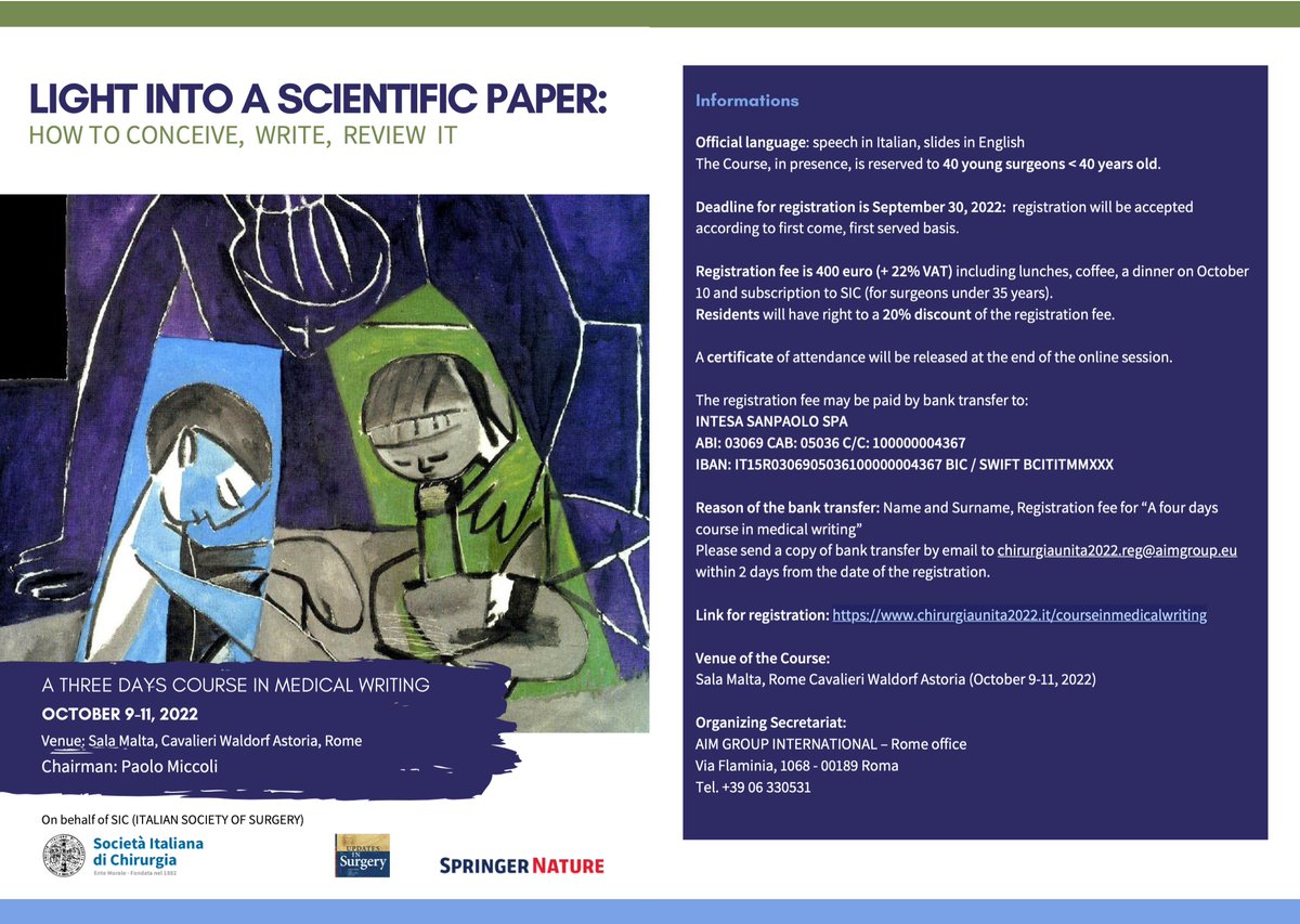Updates in Surgery and SIC present the 2nd edition of "Light into a scientific paper": a 3 days course dedicated to under 40 years old surgeons.

📲Link for registration: chirurgiaunita2022.it/courseinmedica…
📆Deadline: September 30, 2022.