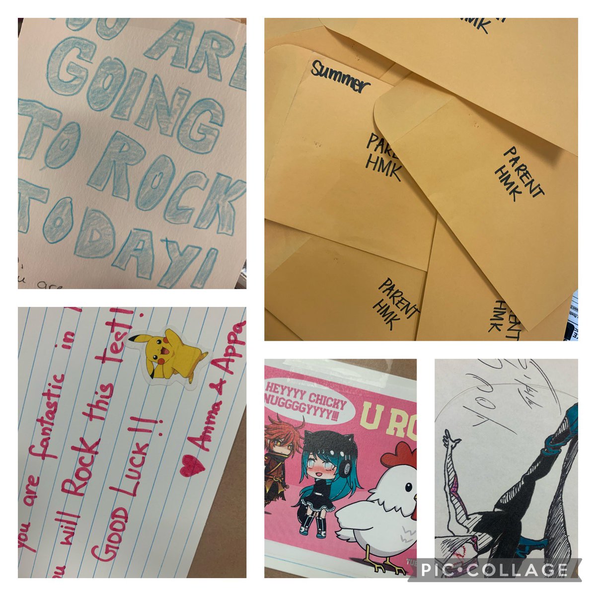 MrsVolland's tweet photo. Sweet notes of encouragement from my students parents made me smile today. Their artwork and creativity were outstanding! #letsgo #EOGs #CrushTheTest #ParentHomework @@MrsVolland https://t.co/2KUHk6pTBr