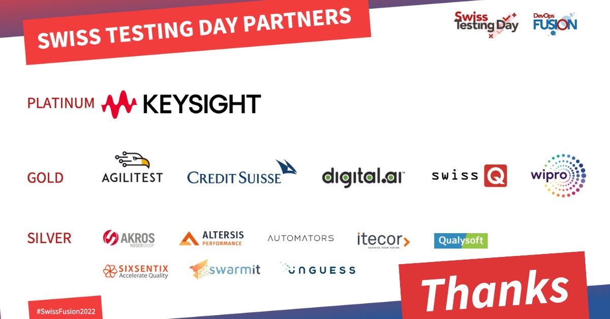 Without the support of our partners Swiss Testing Day would not have been possible! 

Platinum: Keysight
Gold: Agilitest, Credit Suisse, bit.ly/3MVHunN, SwissQ, Wipro
Silver: Akros, Altersis Performance, Automators, Itecor, Qualysoft, Sixsentix, Swarmit, Unguess