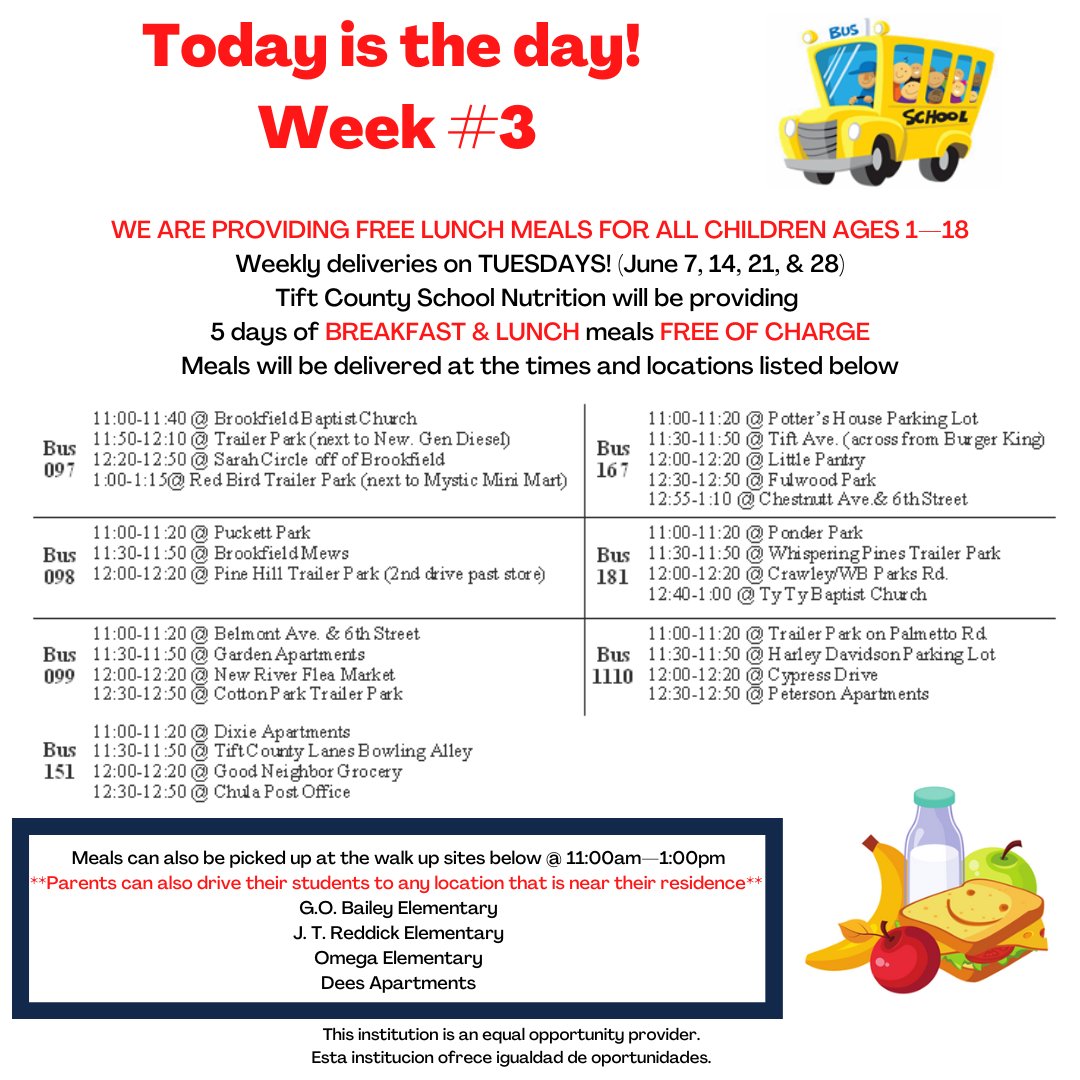 It's almost time...walk up sites open and buses roll out at 11:00am. Remember that meals are available on a first come first served basis. 
Thank you Tift County supporting our Summer Feeding Program! 
#4theT