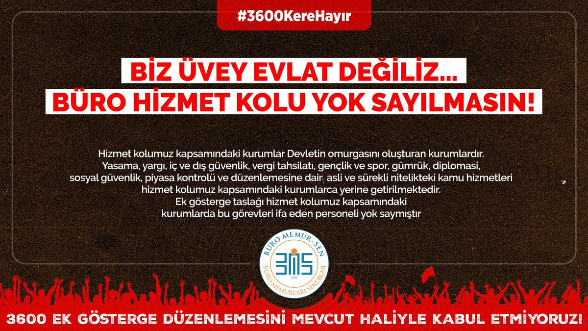 #3600KereHayır 

Biz Üvey Evlat Değiliz…
BÜRO HİZMET KOLU YOK SAYILMASIN!

<a href="/RTErdogan/">Recep Tayyip Erdoğan</a> <a href="/tcbestepe/">T.C. Cumhurbaşkanlığı</a> <a href="/vedatbilgn/">Vedat Bilgin</a> <a href="/csgbakanligi/">T.C. Çalışma ve Sosyal Güvenlik Bakanlığı</a> <a href="/yusufyazgan37/">Yusuf YAZGAN</a>