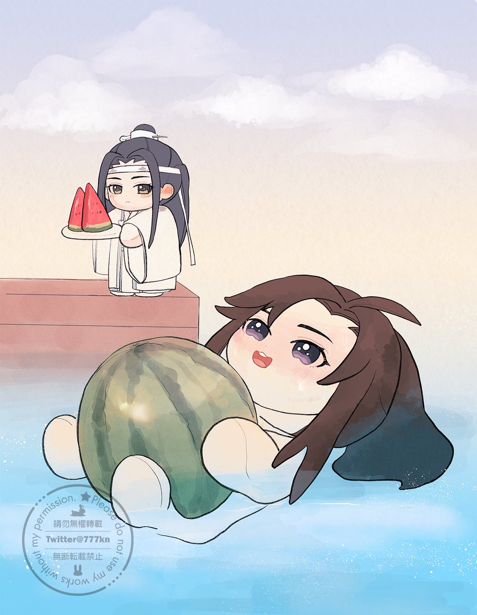 watermelon fruit food 2boys ponytail long hair chinese clothes  illustration images