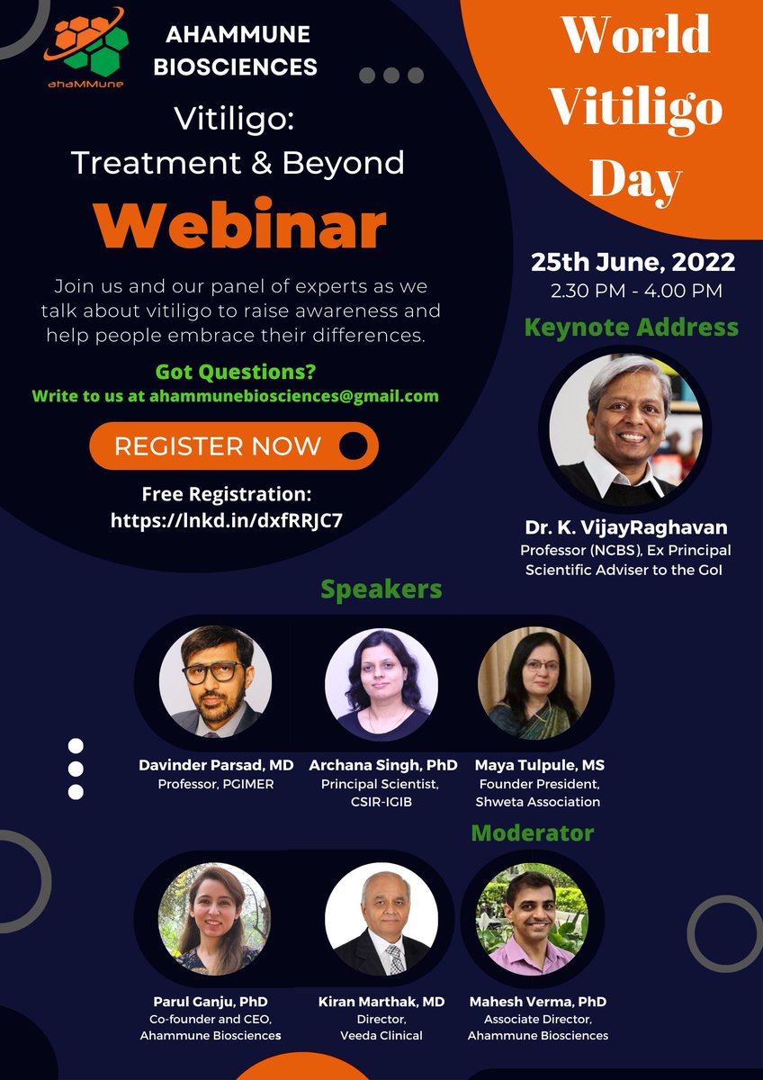 On coming #WorldVitiligoDay, Register for the webinar on Saturday, June 25, 2022 at 2:30 PM IST. #vitiligo 
docs.google.com/forms/d/e/1FAI…

linkedin.com/posts/vermamah…

<a href="/VitiligoRisk/">Vitiligo Risk</a> <a href="/VitiligoNewsNet/">Vitiligo NewsNetwork</a> @UMassVitiligo <a href="/venture_center/">VentureCenter</a> <a href="/veedacr/">Veeda Lifesciences</a> <a href="/premnathv6/">Premnath V</a> <a href="/IdeaspringCap/">Ideaspring Capital</a> <a href="/iannetwork/">In A Nutshell</a>