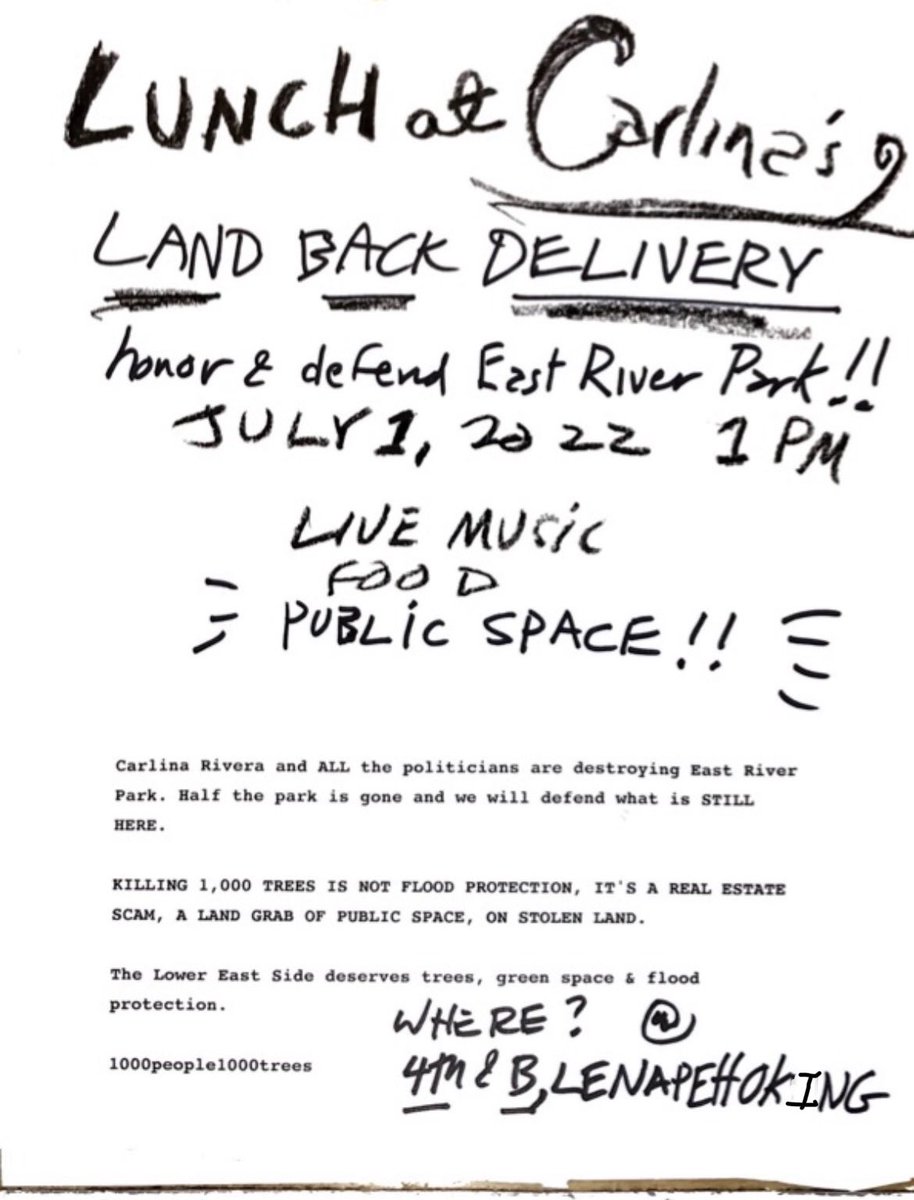 1000treesNYC's tweet photo. Carlina Rivera is destroying East River Park, it’s a real estate scam, a land grab of public space, on stolen land. She voted to give NYPD its biggest budget ever: $11 billion as cops terrorize anyone in public space the state disapproves of. We say NO. July 1st 1PM 4th & B, LES. https://t.co/R7V8R9EpVP