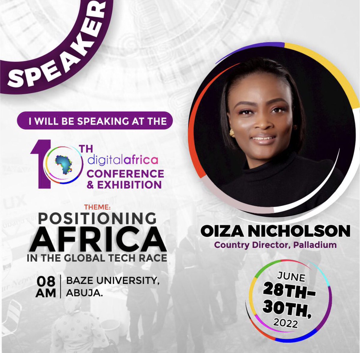 oiza_nicholson's tweet photo. Looking forward to speaking at the 10th DigitalAfrica Conference and Exhibition themed: Positioning Africa in the Global Tech Race https://t.co/wXRWDDPcbb
