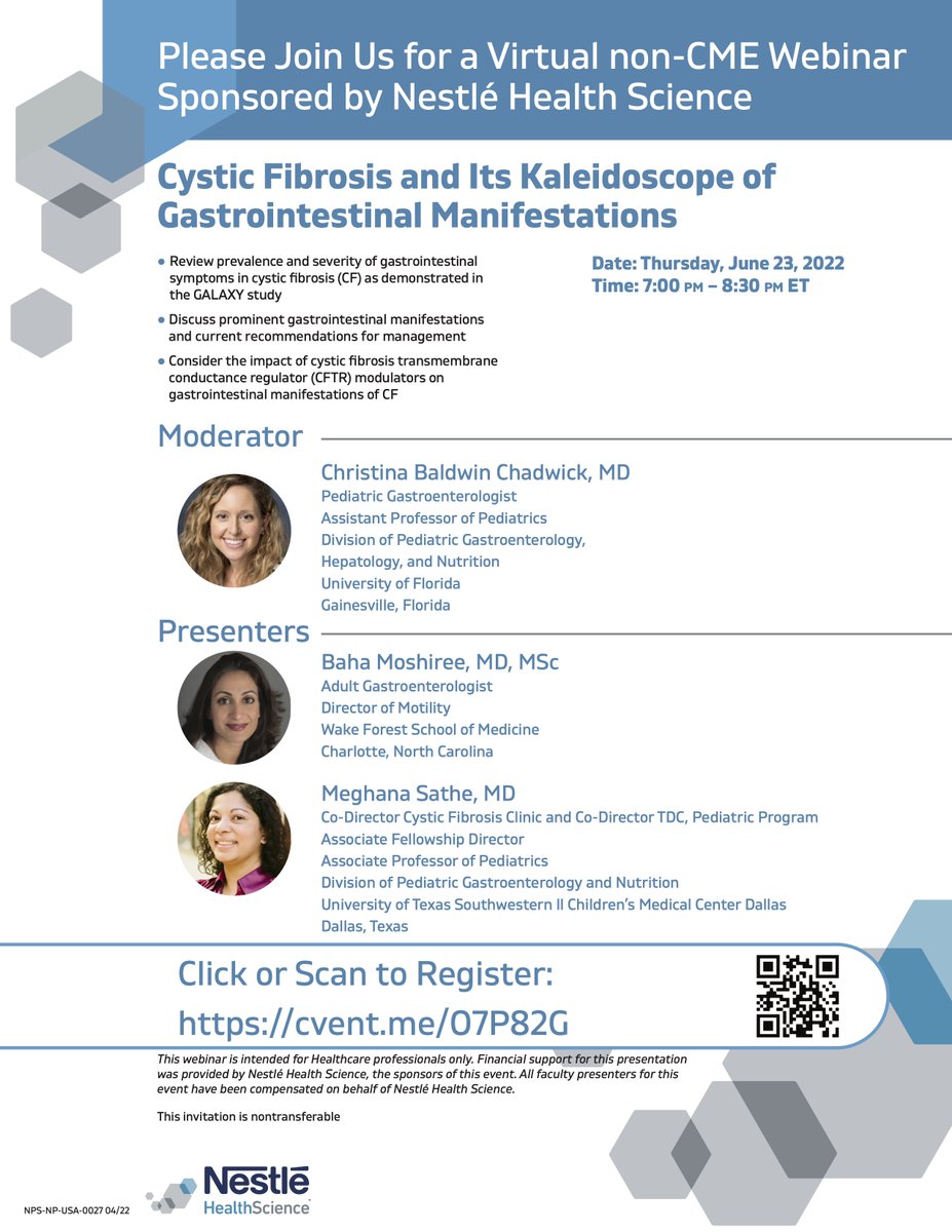 Don’t miss this important <a href="/NestleHealthUS/">NestleHealthScience</a> webinar titled “Cystic Fibrosis and its Kaleidoscope of Gastrointestinal Manifestations” on Thursday, June 23, from 7pm-8:30pm ET! Register here and tune in: cvent.me/O7P82G