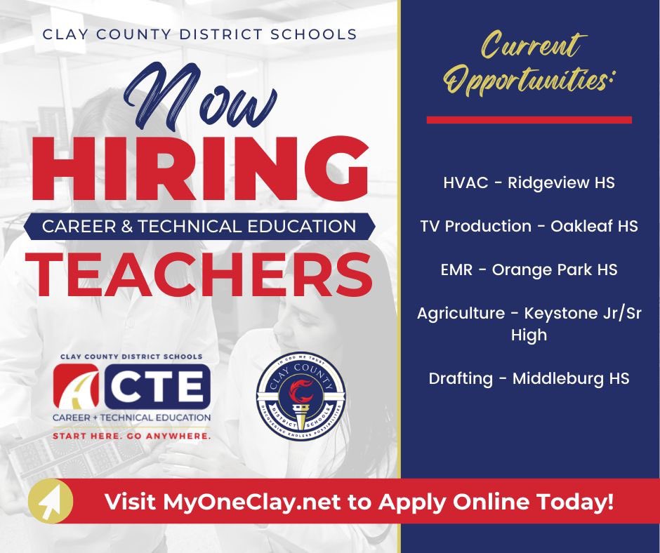 Check out current teaching opportunities in <a href="/oneclayschools/">Clay County District Schools</a> apply online at oneclay.net/careers
*HVAC Teacher <a href="/RHS_PantherRoar/">Ridgeview High School</a> 
*TV Pro Teacher @OakleafHigh 
*Emergency Med Responder Teacher @TheOrangePark 
*Agriculture Teacher <a href="/KHHSIndians/">Keystone Heights Jr./Sr. High</a> 
*Drafting Teacher <a href="/MHS_HorsePower/">Middleburg High School</a>