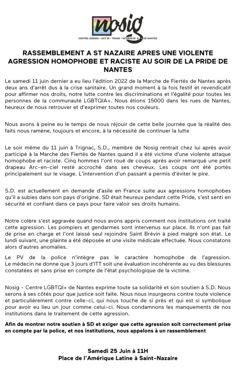 TW - Violente agression homophobe et raciste a Saint-Nazaire ! Nosig appelle au rassemblement, ce samedi 25/06 à 11h - Place de l’Amérique Latine à Saint-Nazaire.