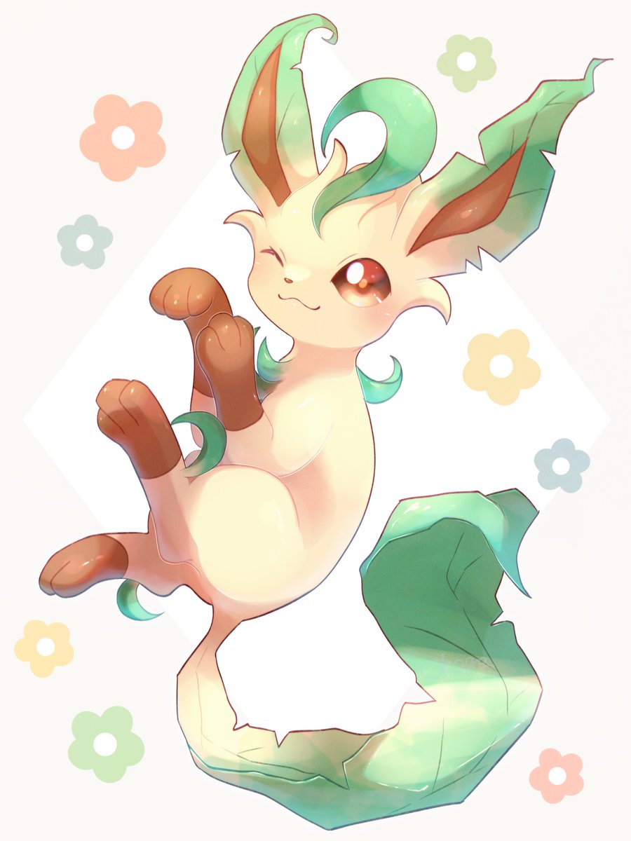 leafeon no humans pokemon (creature) one eye closed solo closed mouth smile full body  illustration images
