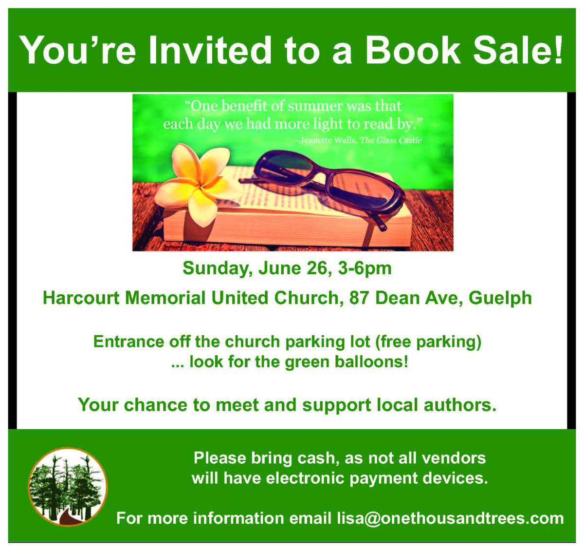 We're selling books at some events – On Sat June 25, 10AM-4PM at the Hillsburgh Branch of the Wellington County Library at the Wellington County Writers Festival. On Sun June 26, 3PM-6PM at Harcourt United Church at the One Thousand Trees book sale. We'd love to see you out!