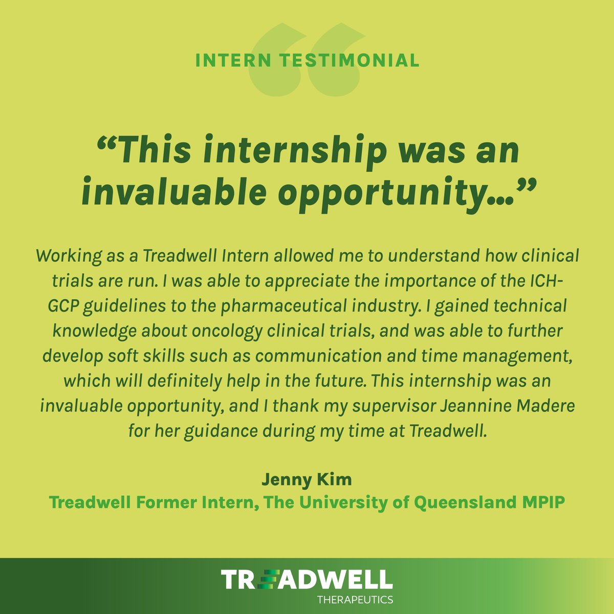 Thank you Jenny Kim for your contributions at Treadwell, Jeannine Madere appreciated your efforts! The University of Queensland Master of Pharmaceutical Industry Practice delivers excellent talent! #pathtobetter #cancer #immunology #treadwell <a href="/UQ_News/">UQ News</a>