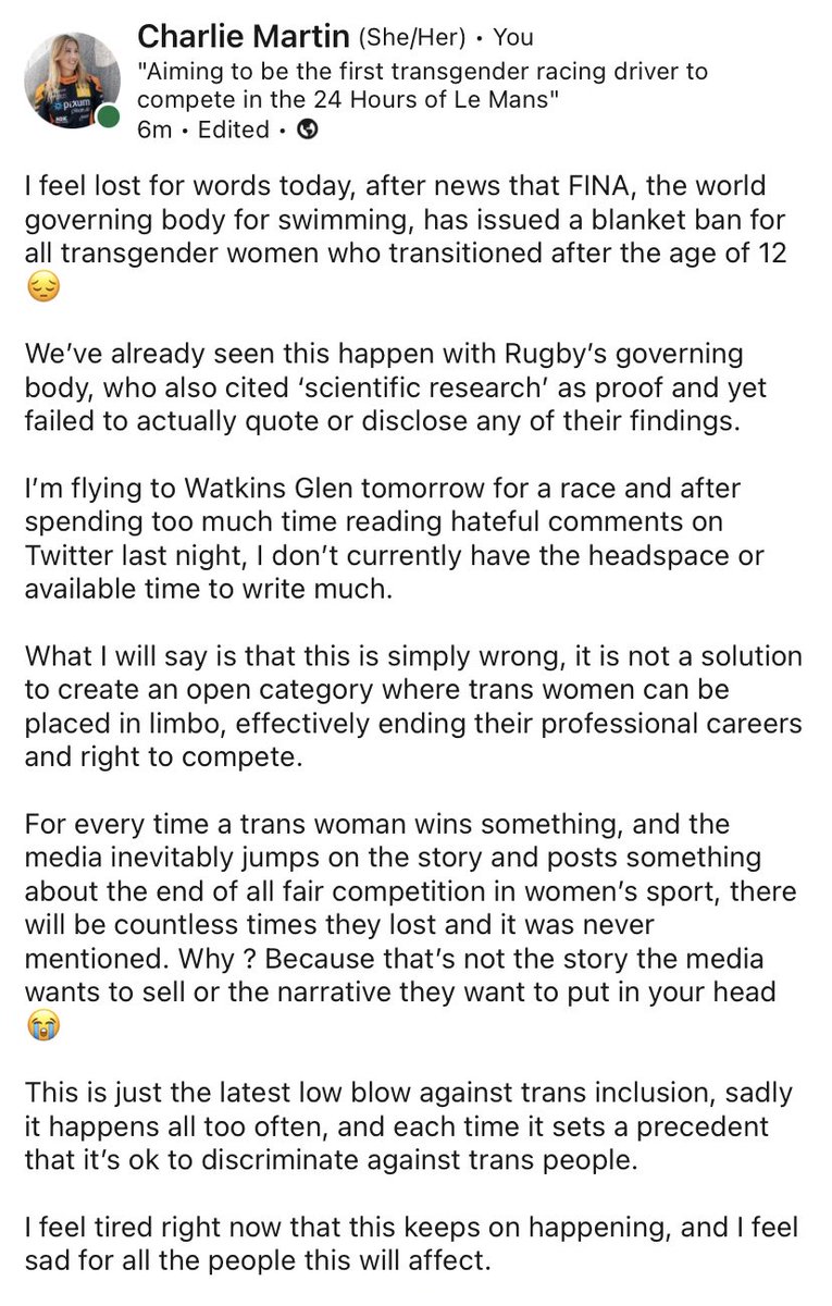 Feeling emotionally drained, the feeling of hopelessness in the face of overwhelming discrimination against trans people in sport really hit me when I opened up Twitter this morning 🏳️‍⚧️😪

Quoting ‘research’ without producing anything is not a valid argument, it’s an excuse🙇🏼‍♀️

,