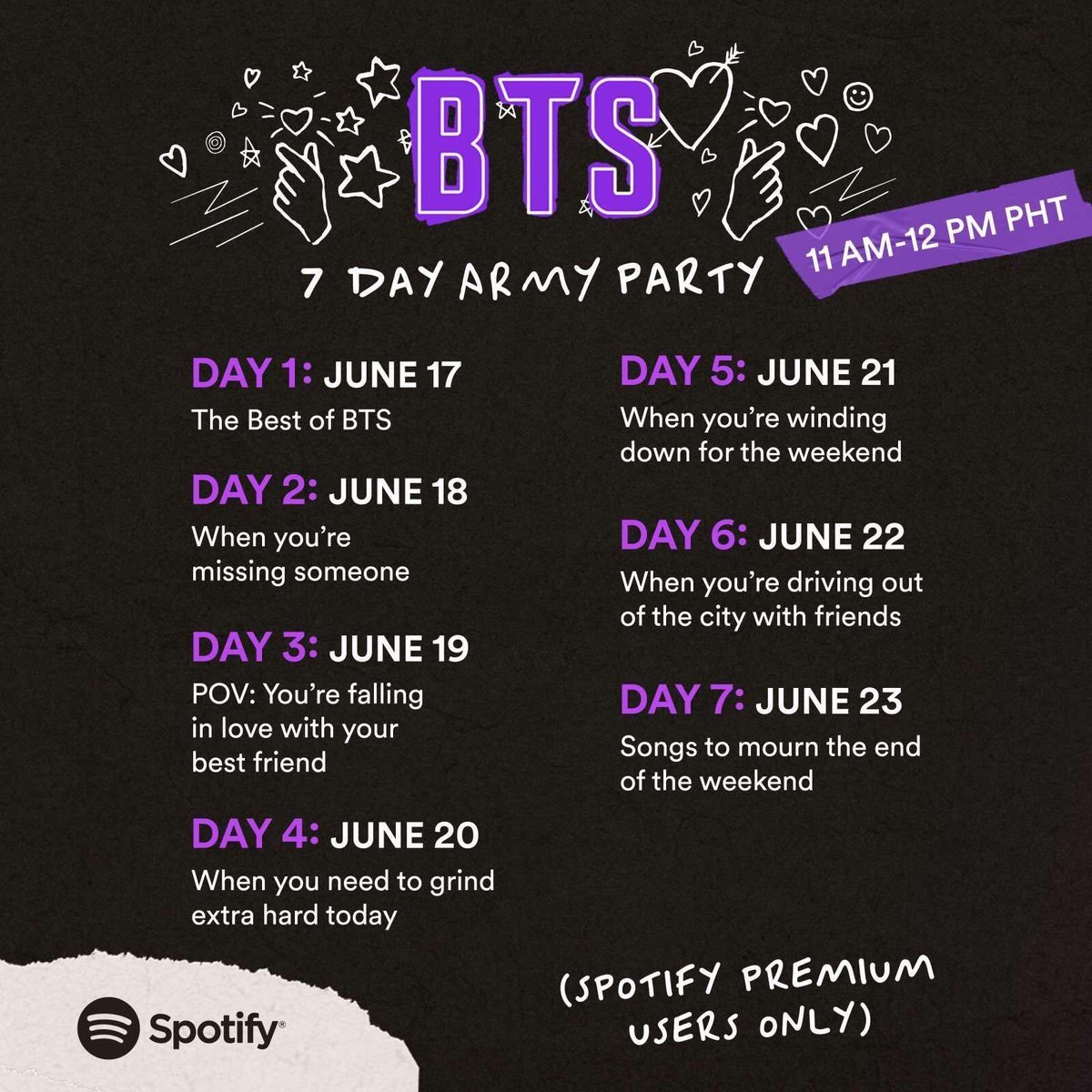 BTSMANILA_'s tweet photo. Armys, how are you feeling? Let's get our spirits up and join us with Spotify for our #7DayARMYParty from June 17- 23 and get a chance to win exclusive BTS merch!! Nag-stream ka na, nanalo ka pa! 💜

Come and join us! 🤩

#SpotifyPurpleU
#WorkingWithSpotify
#7DayARMYParty https://t.co/8vpN9FbQph