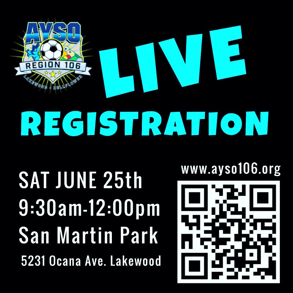 AYSO106's tweet photo. #maketheteamtuesday106
     Haven't registered yet for
              FALL 2022?
Join us at our exclusive Live Registration Event this Sat 6/25 from 9:30am-12pm @ San Martin Park.  You can register online 24/7 @www.ayso106.org &amp; pay online with your credit card. #ayso106 #ayso https://t.co/SUSQTY6ufP