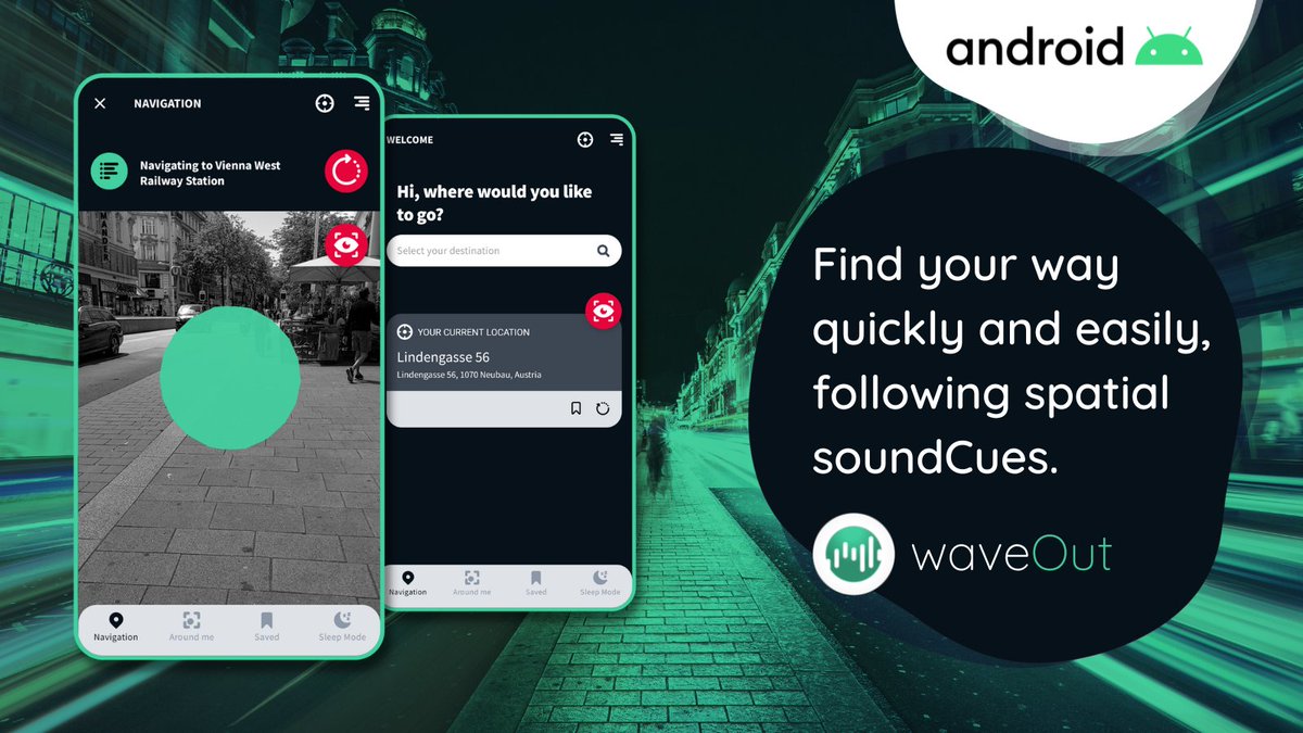 Android users can now find their way quickly and easily with waveOut! Enjoy more mindful journeys with spatial audio navigation. It’s simple:  

📍Set your destination and 
🔊follow the sound cues guiding you.

Download waveOut for Android now: bit.ly/3HFtldu #AndroidApp