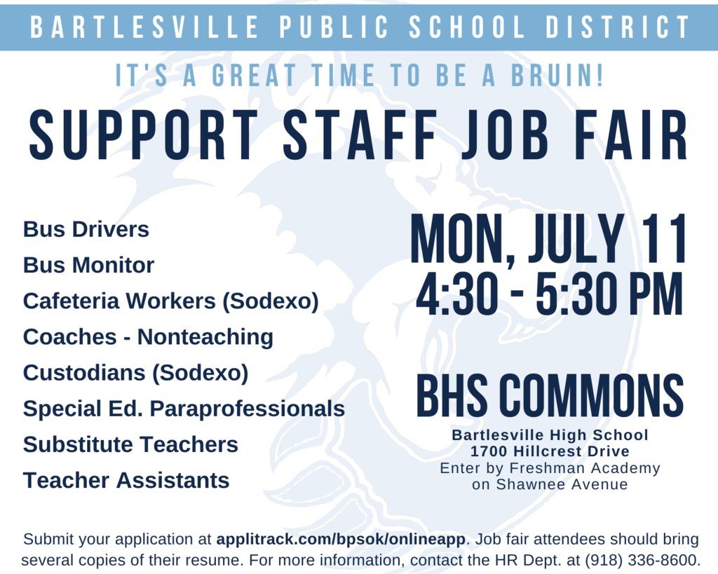 BPSDBruins's tweet photo. Support Staff Job Fair on July 11. Online applications also accepted at https://t.co/OVUcejkO3j. #bvillebruwin https://t.co/Cdzvo34MrZ