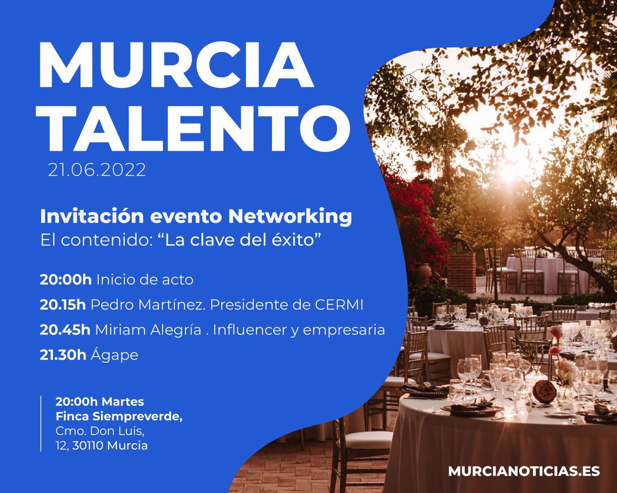 Esta noche comenzamos “Murcia Talento”, un evento enfocado a potenciar la importancia de la comunicación para saber cómo colaborar con las ONGs. 
Contamos con <a href="/pemarlo/">Pedro  Martinez</a> presidente de CERMI y <a href="/miriamalegria/">miriam alegría</a> influencer y empresaria para hacerlo! 
!GRACIAS! deseando!