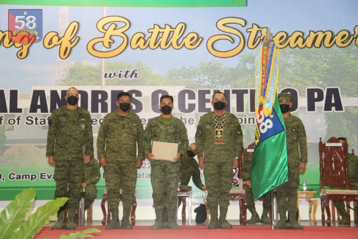 DimalulupigH's tweet photo. The 58IB was among the recipients of the Battle Streamers Awards conferred by the Chief of Staff, Armed Forces of the Philippines, General Andres C Centino PA, at the 4ID Gymnasium, June 20, 2022. 

#58thInfantryDimalulupigBattalionTroopers 
#AFPyoucanTrust https://t.co/cVI8J9psqo