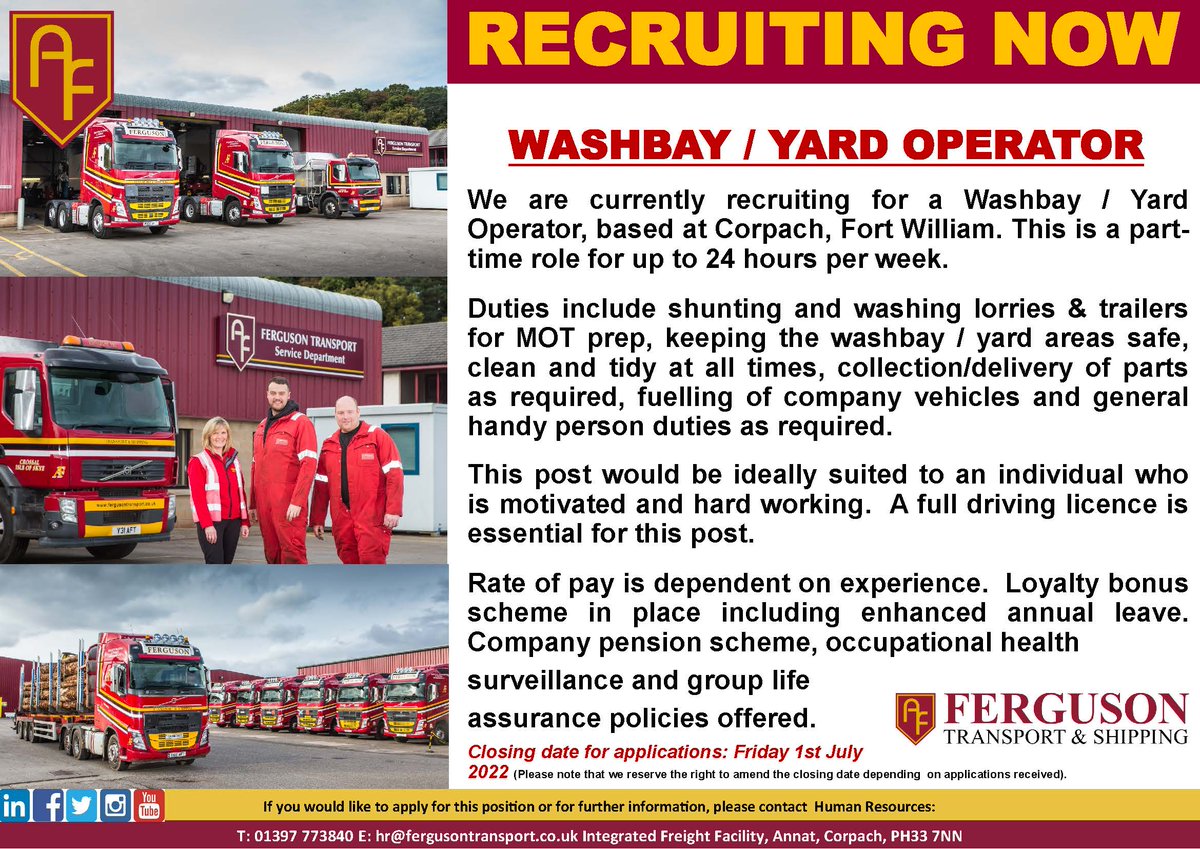 🚛 𝗝𝗼𝗶𝗻 𝗼𝘂𝗿 𝗧𝗲𝗮𝗺 🚛

We are currently recruiting for a Wash Bay / Yard Operator to join our team.

For more information or to apply, please contact our Human Resources Team on 01397 773840 or email hr@fergusontransport.co.uk

#fergusontransport #hiring #vacancies