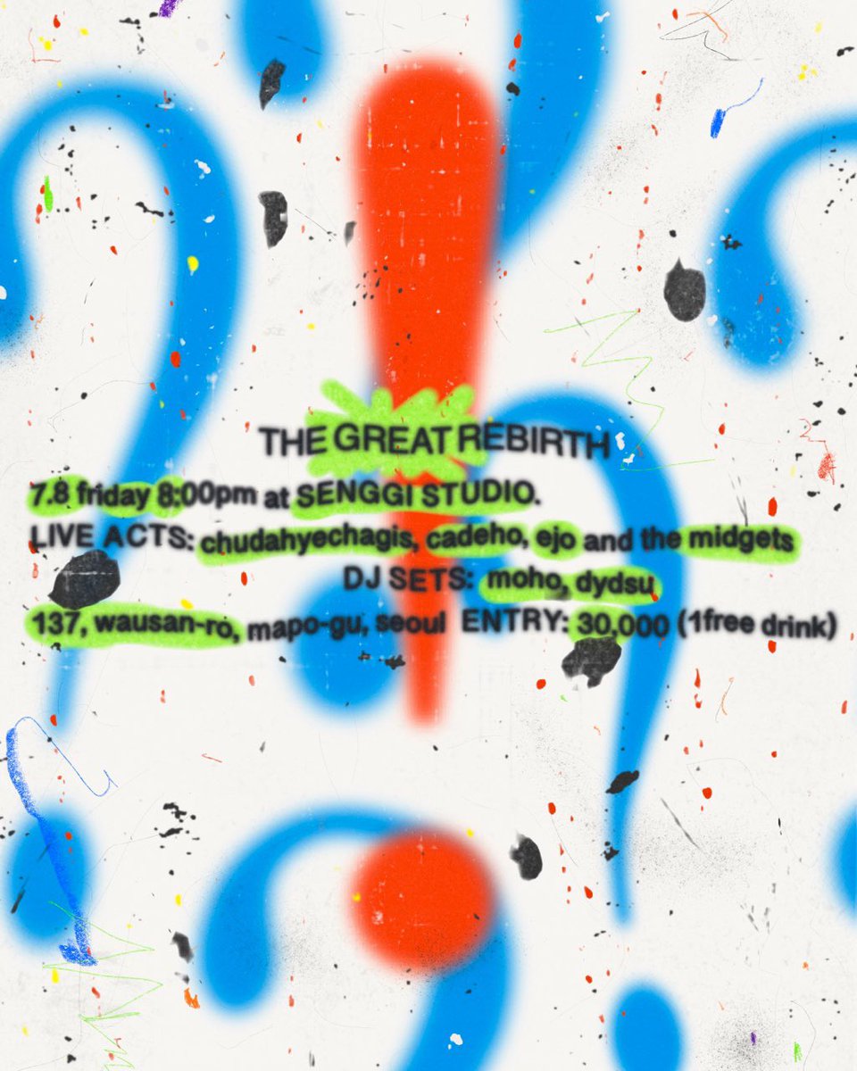 🌈차지스 공연소식🌈
🌕The great rebirth 🌕 
☀️2022/ 07/ 08 (Fri) 8:00PM
🔸️Live 
추다혜차지스/까데호/에조와 난쟁이들     
🔸️DJ 모호 moho /용녀 Dydsu  
☀️Entrance 30,000원 (1 free drink) 
☀️서울시 마포구 와우산로 137, 
     마스터글로리 건물 5층 
Seoul, Mapo-gu wausan-ro137,5F