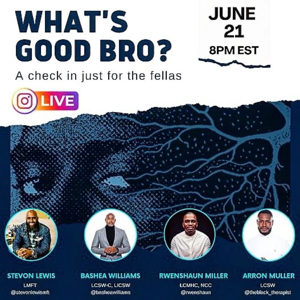 basheawilliams's tweet photo. We're back with another installment of our "What's Good Bro?" conversation.

Come check out the fireside chat on Instagram Live on Tuesday, June 21, 2022 @ 5pm PST/8pm EST. 

#TherapistTwitter #whatsgoodbro #blackmen #blacktherapist #blackmaletherapist #therapistsofinstagram https://t.co/dJHLeau0ka