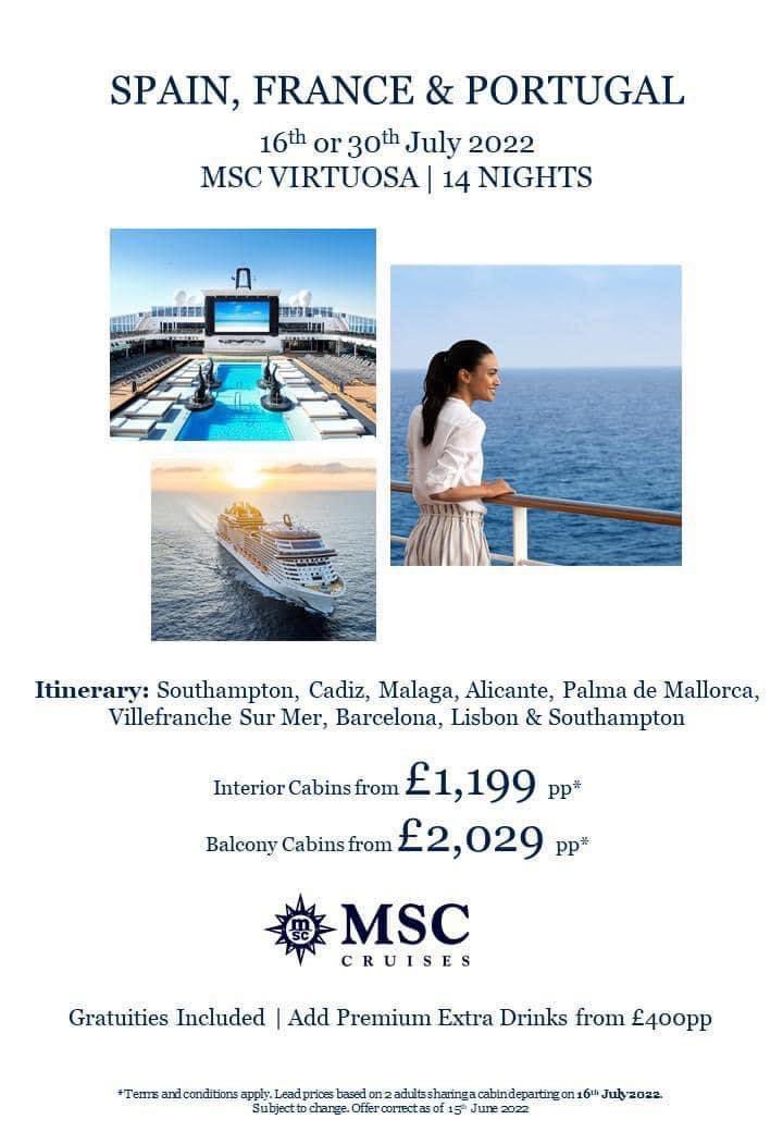 Train 🚂Strikes, Cancelled Flights✈️ &amp; Airport Chaos, is all over the news 📰 

#MSCVirtuosa 🚢 is the perfect holiday to avoid it all!🤗

14 Night Med cruises departing 16 July 22 from £1,199pp🤩

⭐️No additional supplement for solo travellers 
⭐️children fares start from £149pp