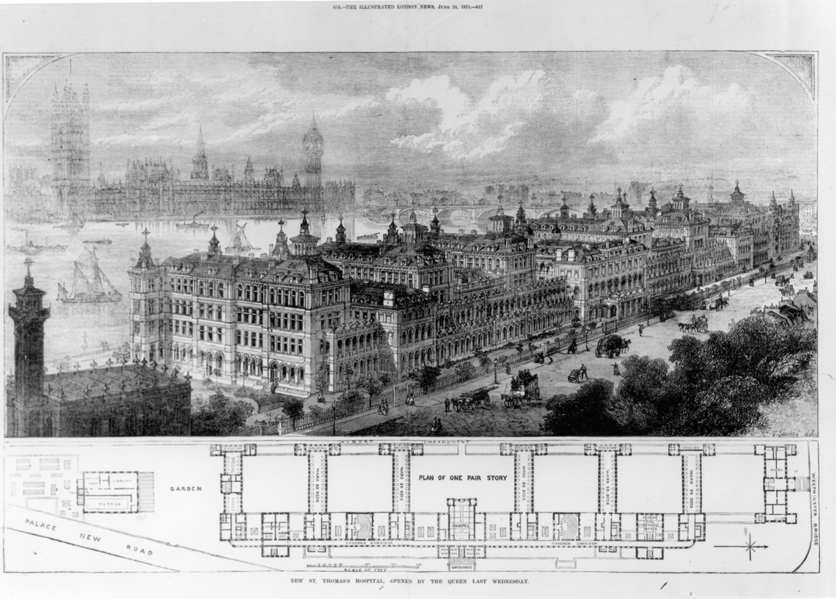 FlorencesLondon's tweet photo. #OTD 1871 Queen Victoria opened the new St Thomas' Hospital (@GSTTnhs). Built in the pavilion style, Florence was heavily involved in its design with the architect Henry Currey #AtoZFlosLondon #flocations https://t.co/onsmJTvQiX