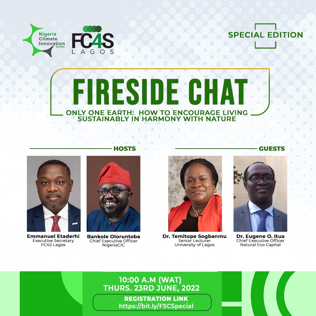 SPECIAL INVITATION:
FIRESIDE CHAT SERIES by @FC4SLagos & @nigeriacic to commemorate World Environment Day 2022

Register here: bit.ly/FSCSpecial
Date: Thursday June 23, 2022
Best regards 

#WorldEnvironmentDay2022 #OnlyOneEarth #FC4SLagos #NCIC #Sustainability @FC4SNetwork