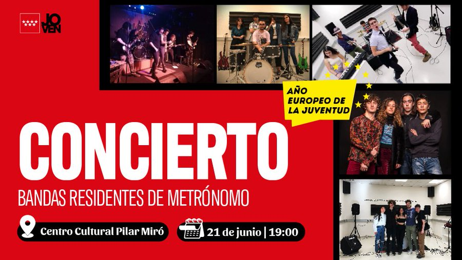 FamiliaCMadrid's tweet photo. 🎼 Hoy celebramos el #DíaEuropeoDeLaMúsica.
🎤 La consejera @ConchaDancausa acudirá al concierto con bandas residentes de #Metrónomo:
🎵 #ManicVice
🎵 #5dejunio
🎵 #TodoMal
🎵 #VHScreen
🎵 #Nõmãd
⏰ 19:00
📍 Centro Cultural Pilar Miró
#AñoEuropeoDeLaJuventud
@ComunidadMadrid https://t.co/Lp3QRvStU1